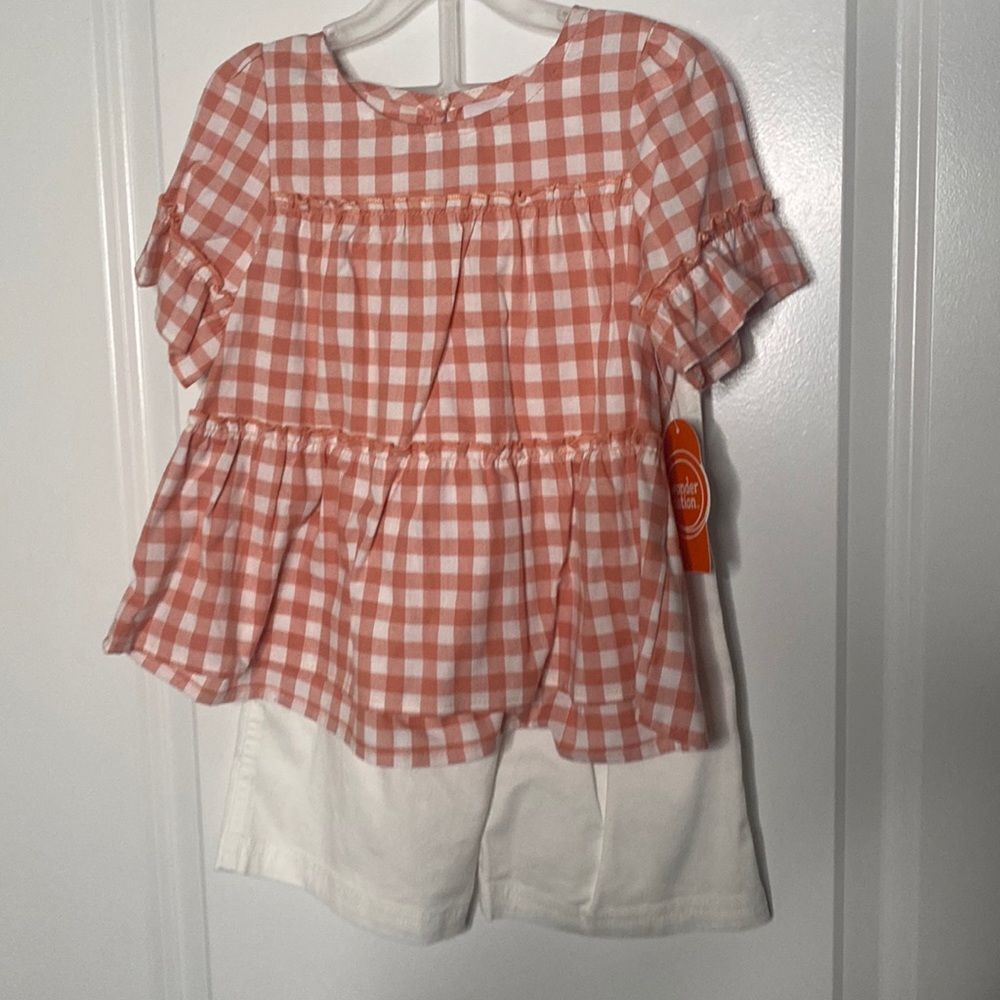 NWT Toddler girl 4T Outfit Set Plaid short sleeve shirt Top White Pants